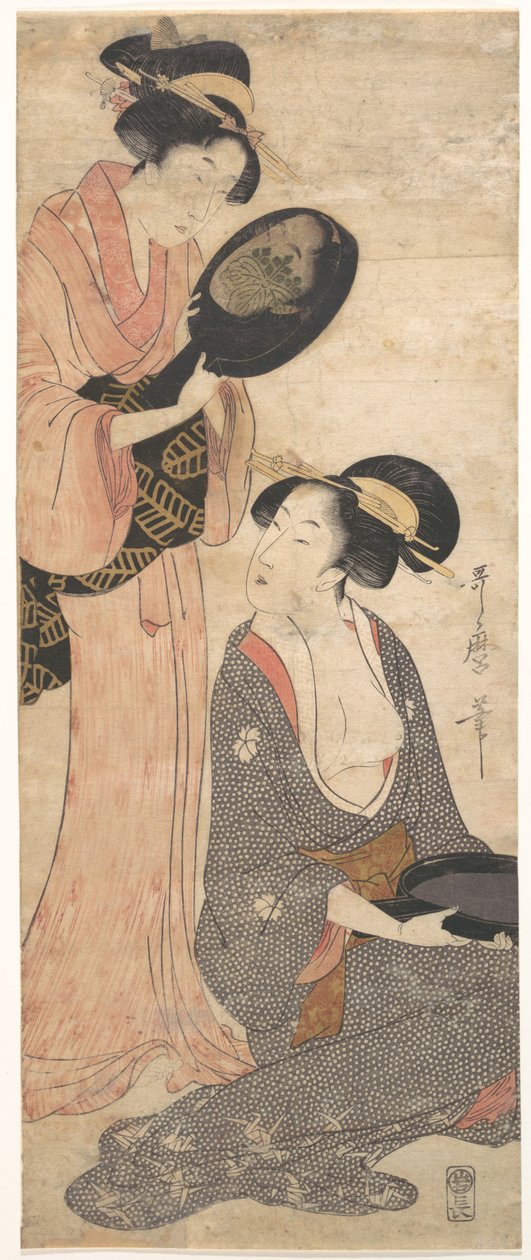 Duas senhoras, cada uma com uma parte de um espelho lacado de Kitagawa Utamaro