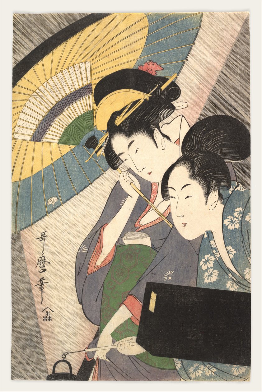 Duas mulheres sob um guarda-chuva, década de 1790 de Kitagawa Utamaro