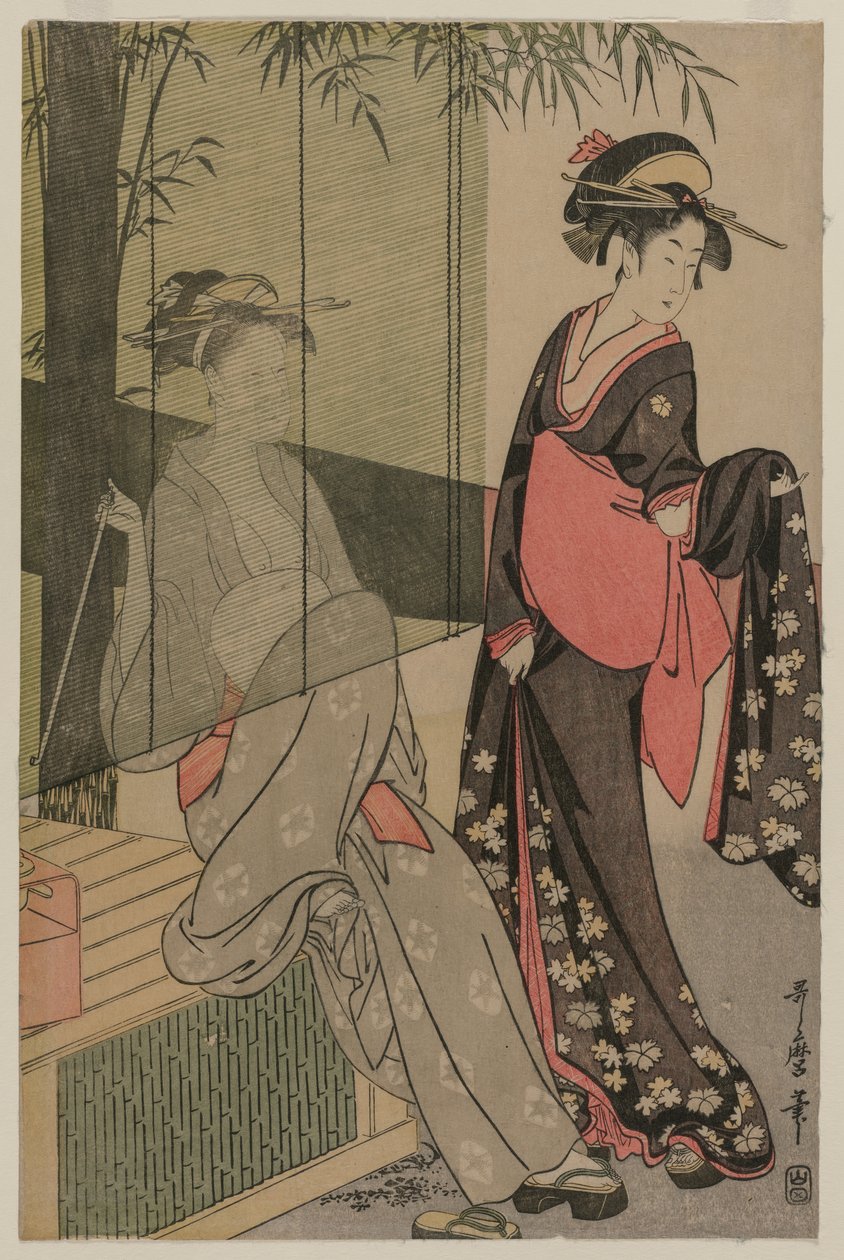 Duas mulheres por um cego de bambu de Kitagawa Utamaro