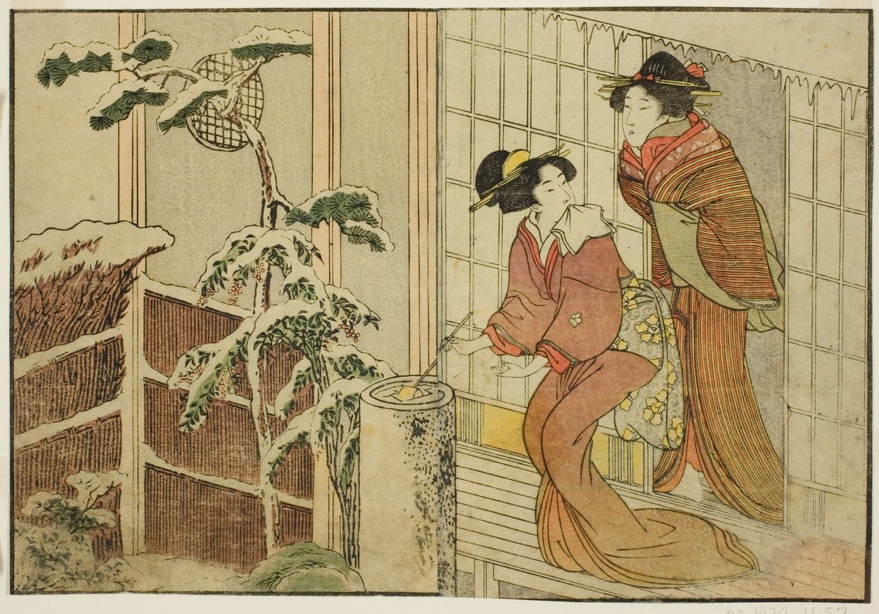 Duas mulheres na varanda em uma manhã de neve, do livro ilustrado "Livro ilustrado: Flores das quatro estações (Ehon shiki no hana)", vol. 2 de Kitagawa Utamaro