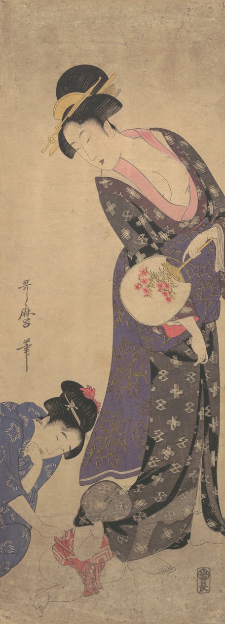 Duas mulheres com um bebê que está brincando no chão, ca. 1793. de Kitagawa Utamaro