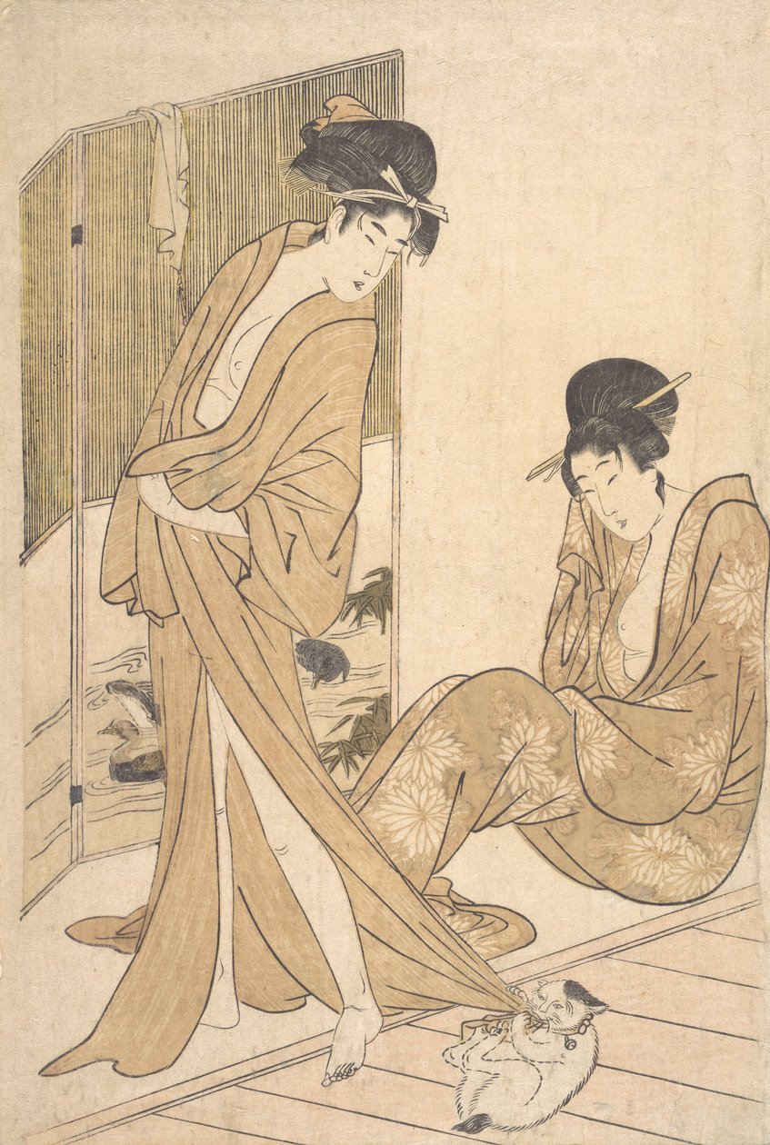 Duas jovens mulheres embrulhadas em Yukata depois de um banho, ca. 1796. de Kitagawa Utamaro