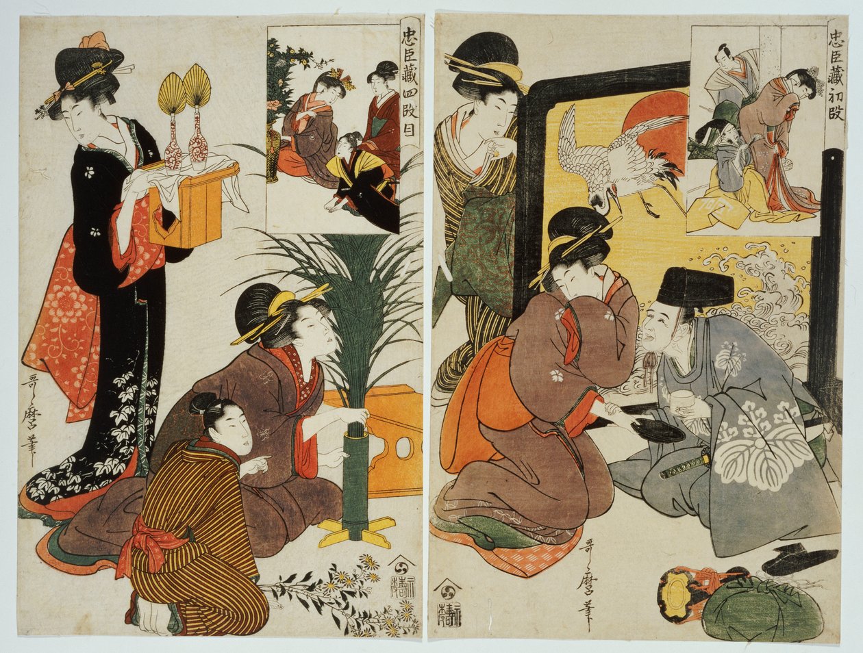 Duas cenas da série "Loyal League", retratando a vida cotidiana de uma família do período Edo de Kitagawa Utamaro