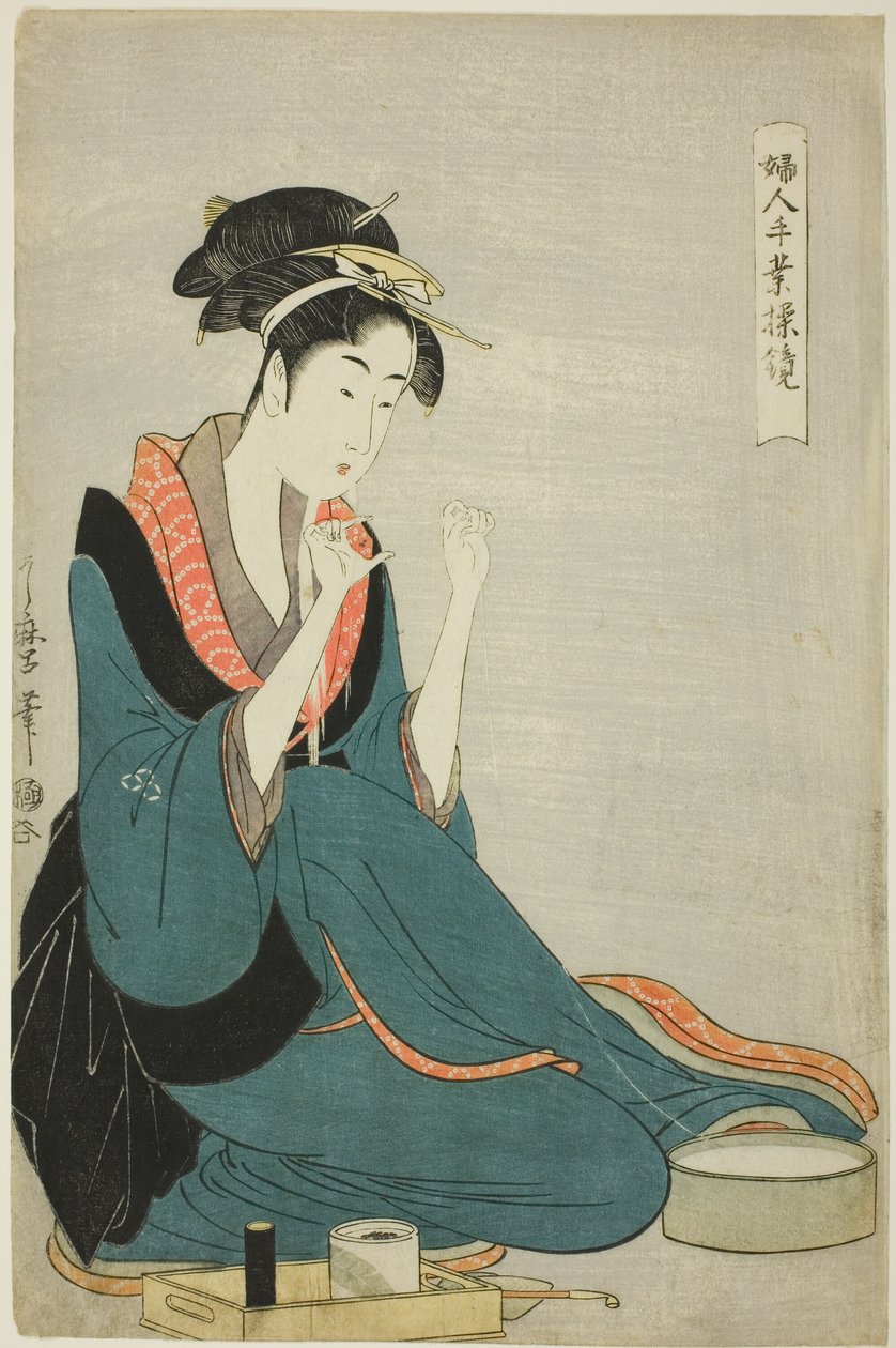 Fio de Amarração, da série “Artesanato Feminino: Modelos de Destreza” (“Fujin tewaza ayatsuri kagami”) de Kitagawa Utamaro