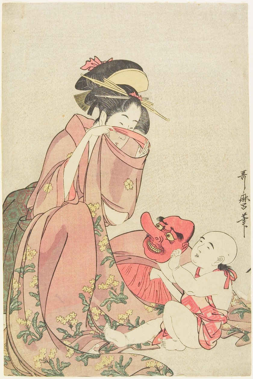 Mulher a brincar com uma criança que usa uma máscara de Tengu de Kitagawa Utamaro