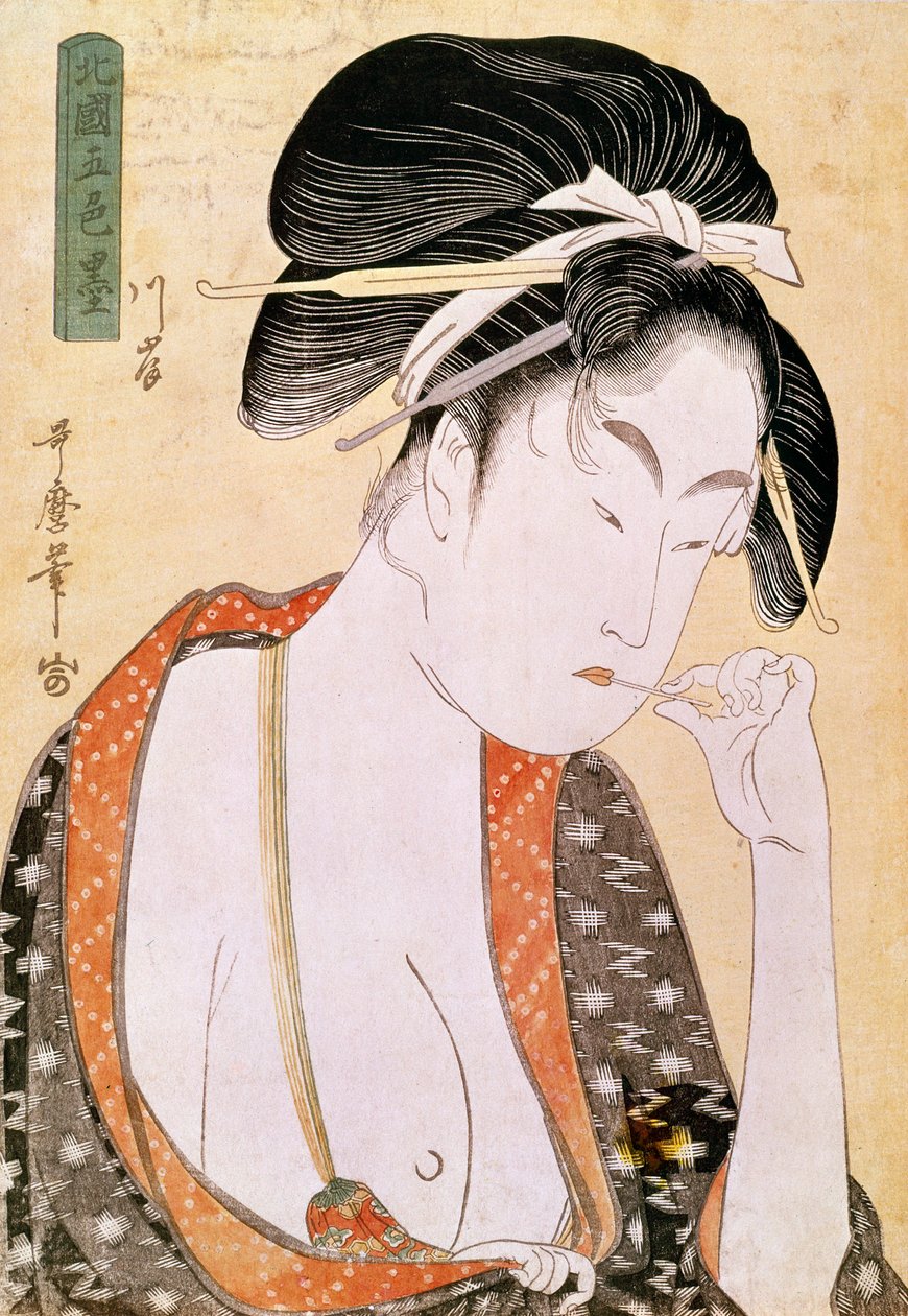 Mulher desejando a impressão japonesa dos lábios de Utamaro Kitagawa (1753-1806). Século XVIII. Paris, Museu Guimet, Museu de Artes Asiáticas de Kitagawa Utamaro