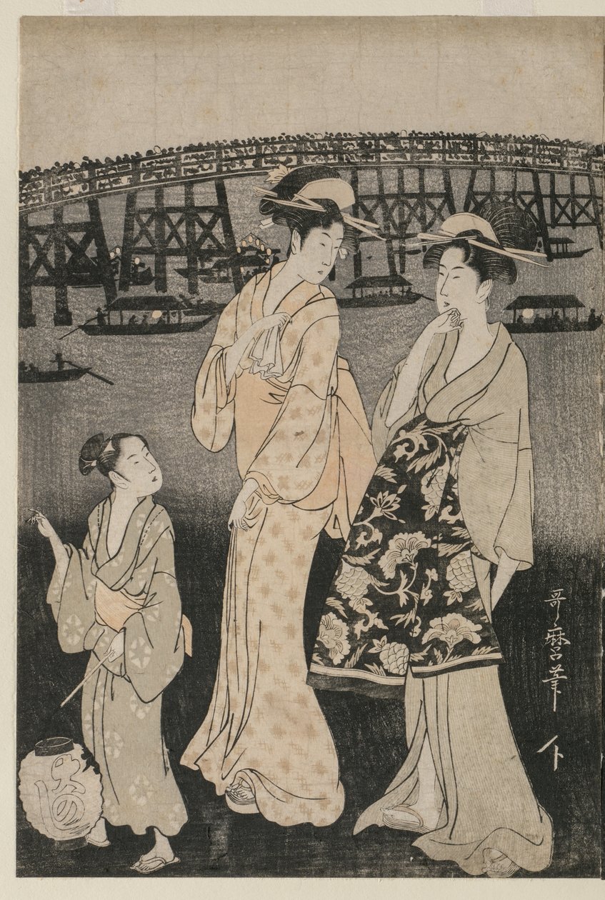 Mulheres curtindo a noite fresca perto da ponte Ryogoku de Kitagawa Utamaro