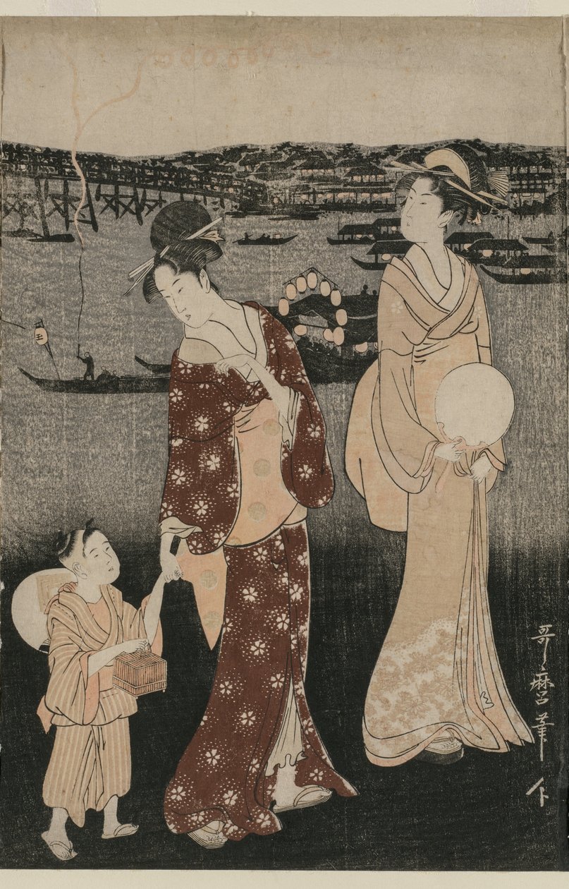 Mulheres curtindo a noite fresca perto da ponte Ryogoku de Kitagawa Utamaro