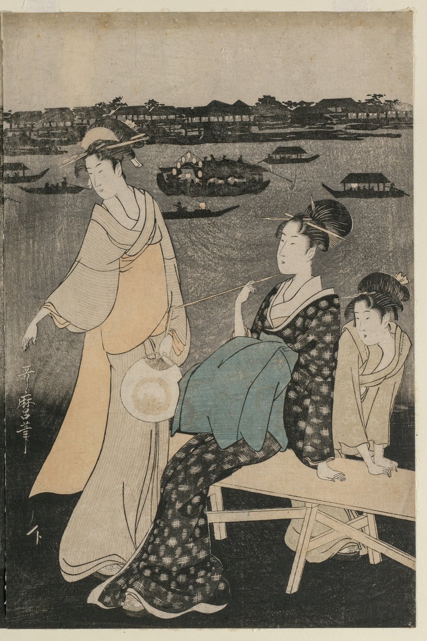 Mulheres curtindo a noite fresca perto da ponte Ryogoku de Kitagawa Utamaro