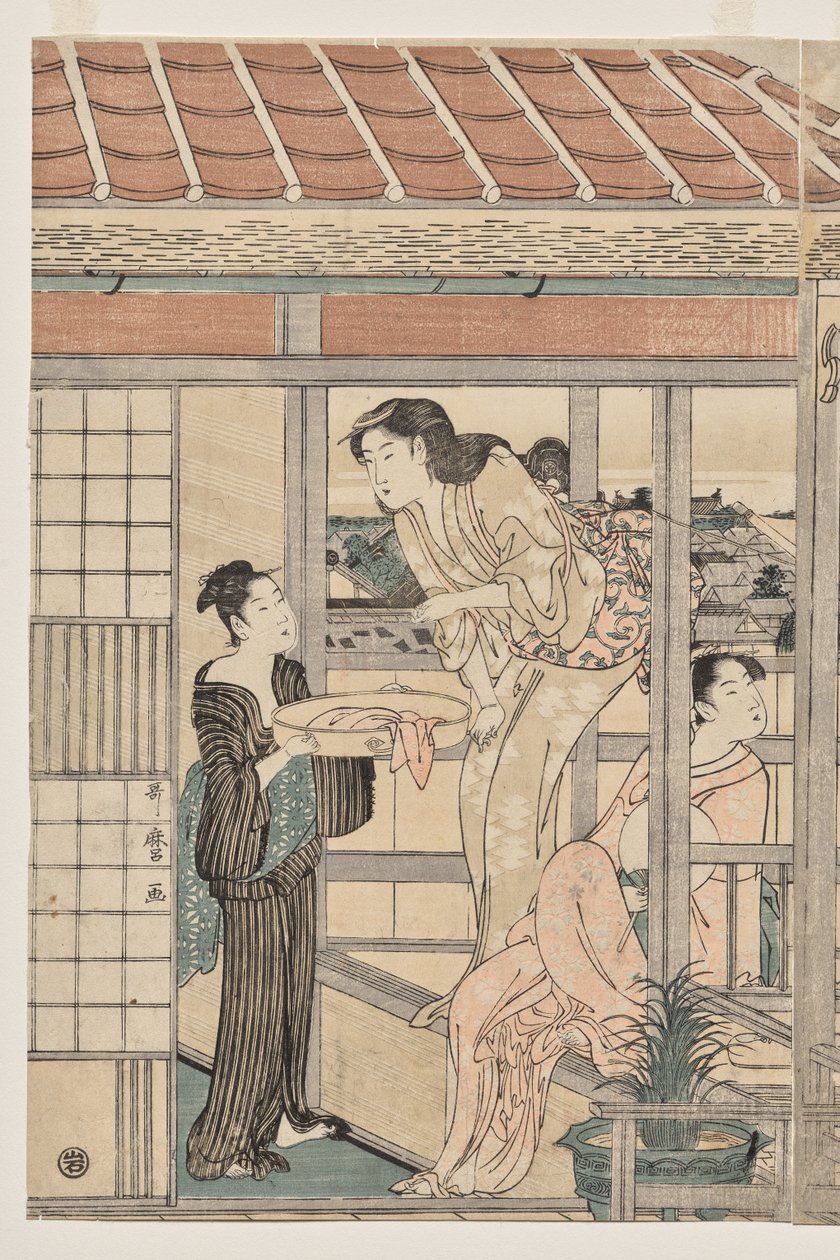 Mulheres penduradas para secar na varanda de Kitagawa Utamaro