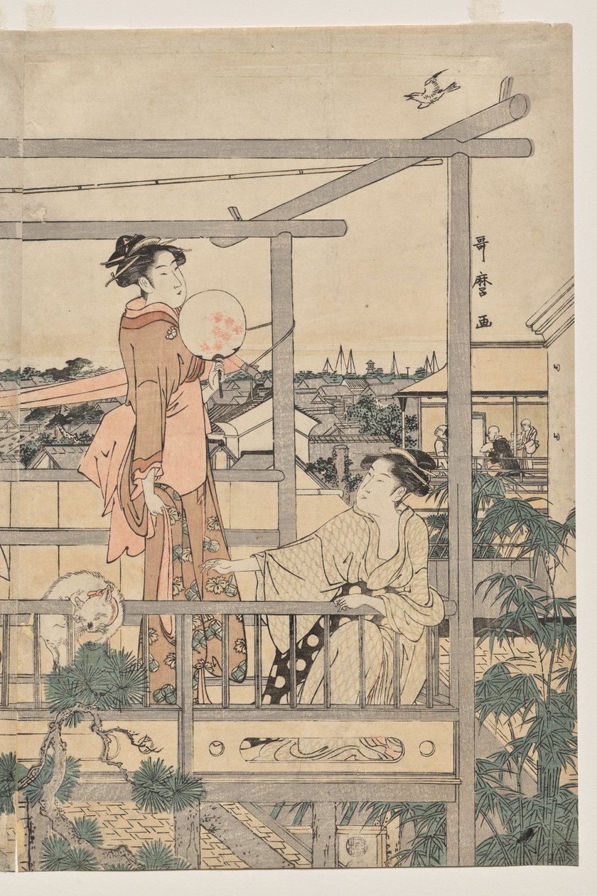 Mulheres penduradas para secar na varanda de Kitagawa Utamaro