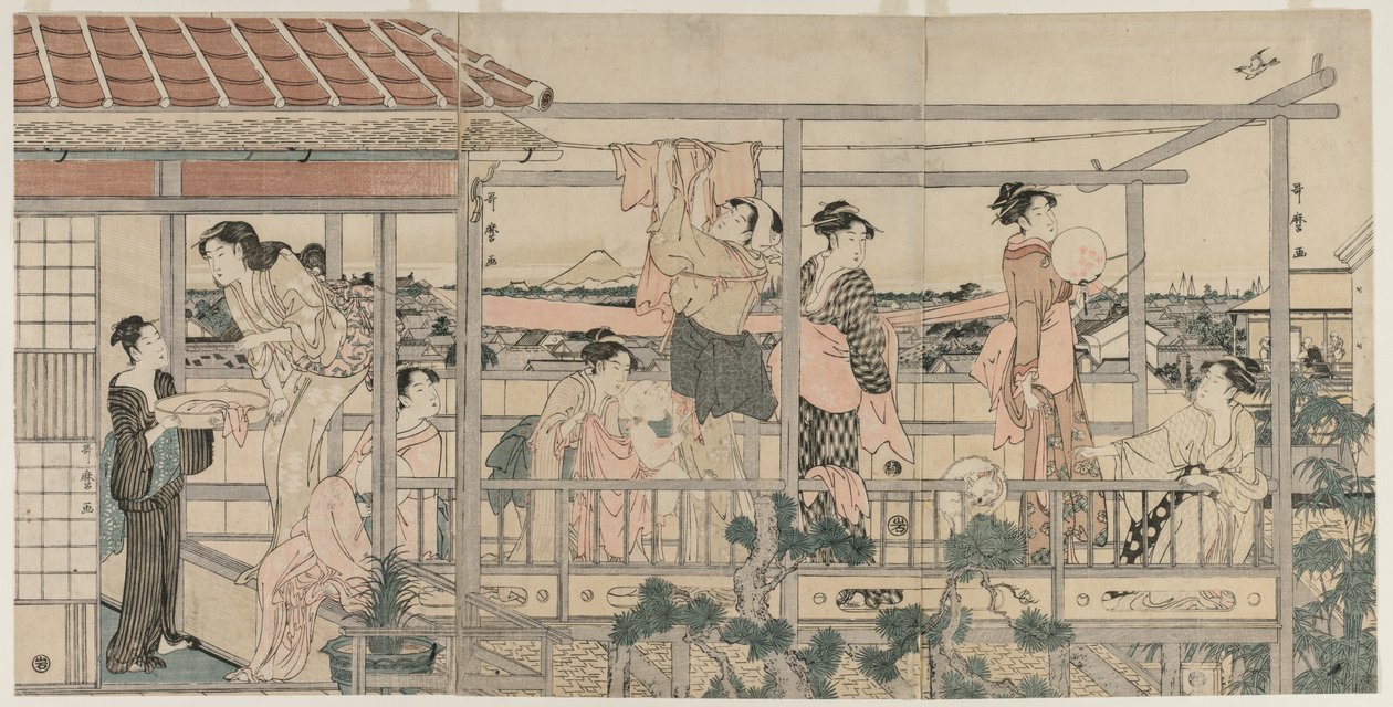 Mulheres penduradas para secar na varanda de Kitagawa Utamaro