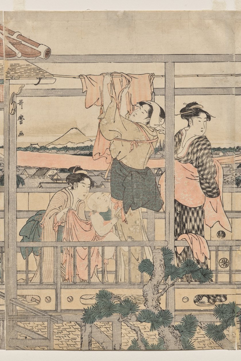 Mulheres penduradas para secar na varanda de Kitagawa Utamaro