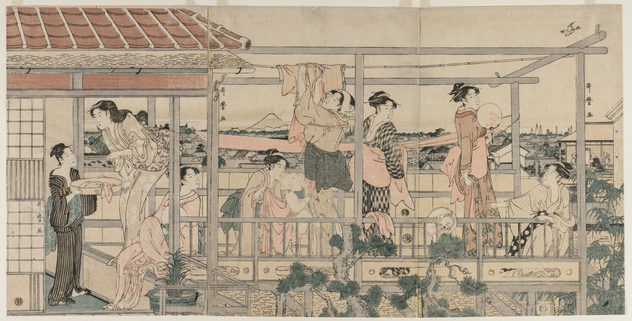 Mulheres que penduram roupas para secar em uma varanda, início dos anos 1790. de Kitagawa Utamaro