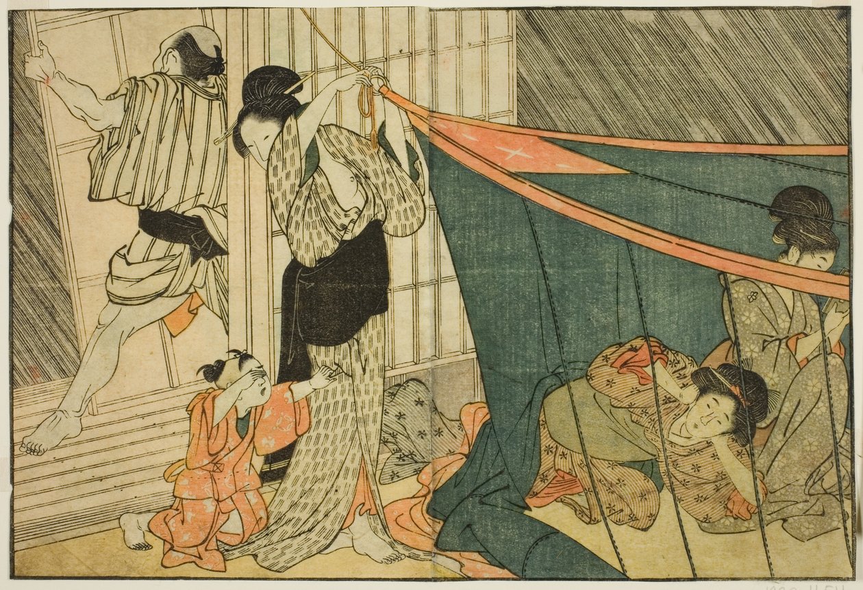 Mulheres dentro de uma rede mosquiteira durante uma tempestade, do livro ilustrado "Livro ilustrado: Flores das quatro estações (Ehon shiki no hana)", vol. 1 de Kitagawa Utamaro