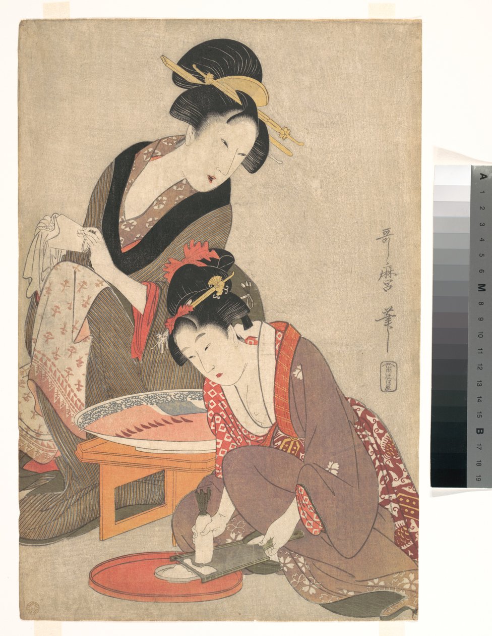 Mulheres a preparar sashimi de Kitagawa Utamaro