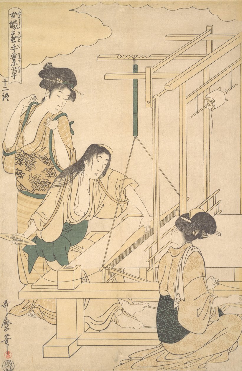 Mulheres tecendo panos de seda, ca. 1800. de Kitagawa Utamaro