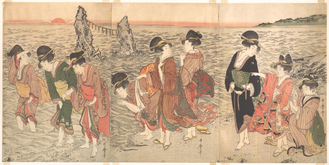 Mulheres a adorar o sol nascente entre as rochas gémeas em Ise de Kitagawa Utamaro