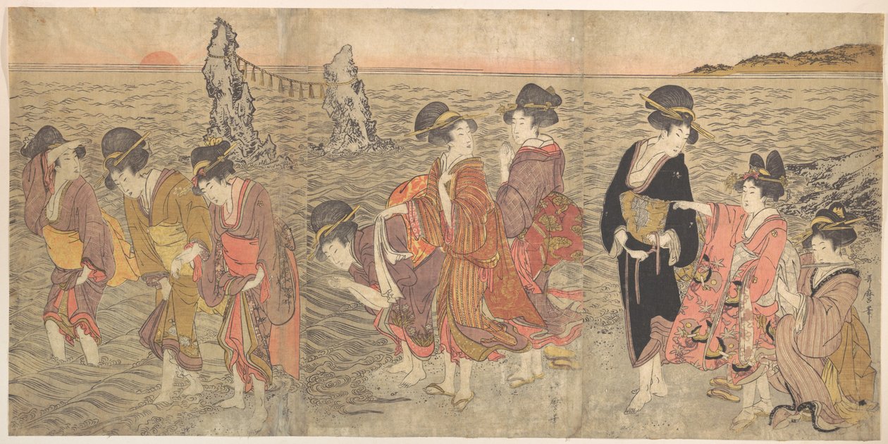 Mulheres a venerar o sol nascente entre as rochas gémeas em Ise de Kitagawa Utamaro