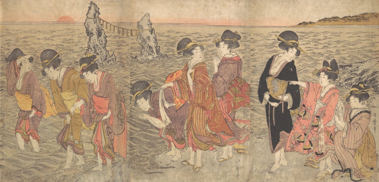Mulheres Adorando o Sol Nascente entre as Rochas Gêmeas em Ise, no final do século 18 - início do século 19. de Kitagawa Utamaro