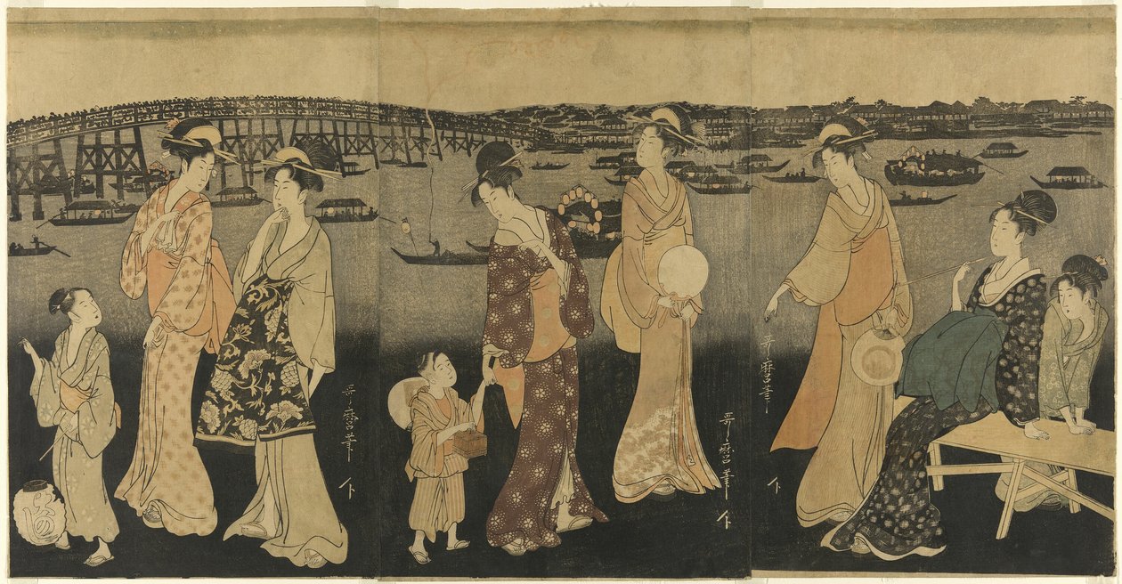 Mulheres assistindo fogos de artifício no rio Sumida de Kitagawa Utamaro