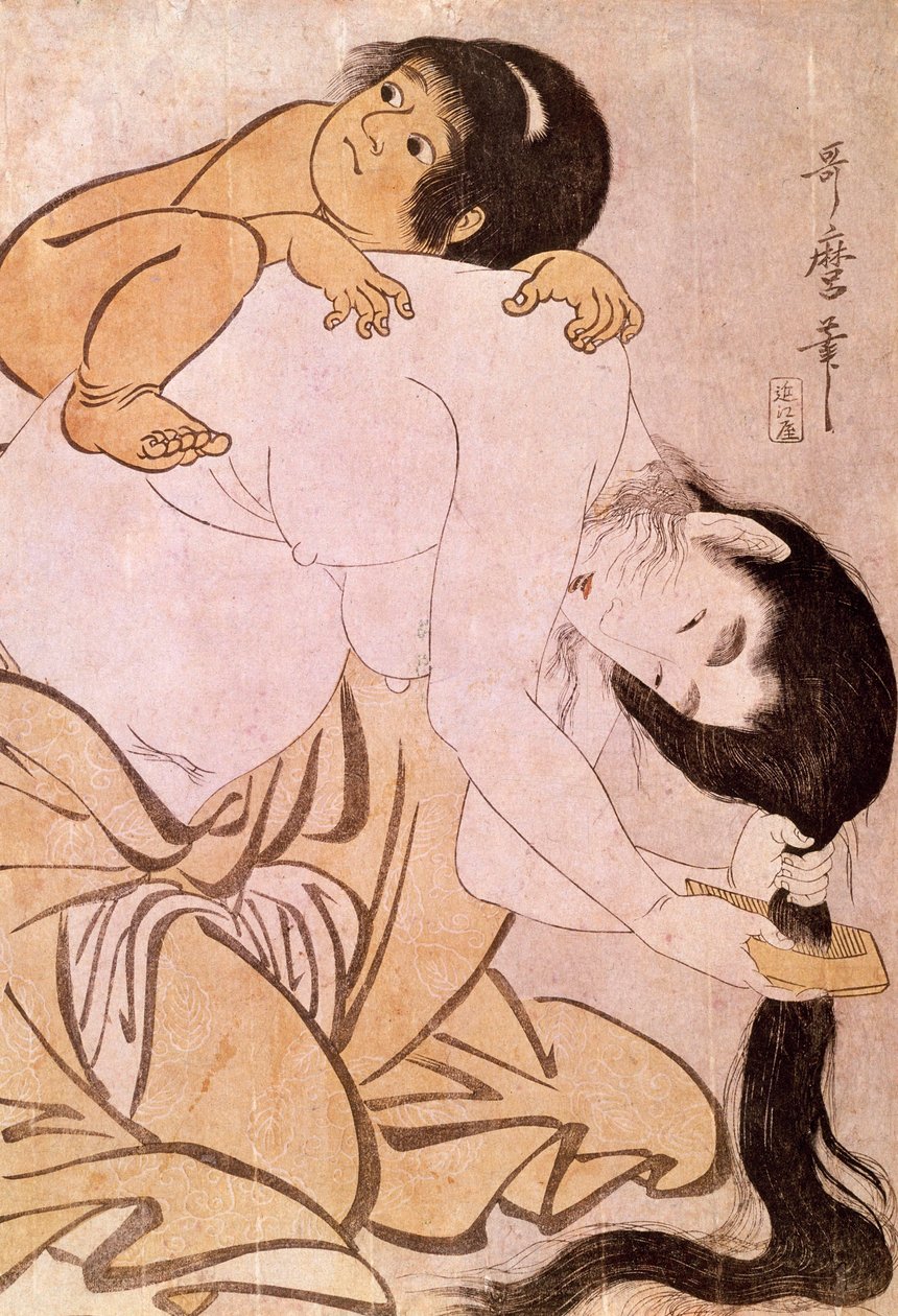 Yamauba e Kintoki A mãe pega no cabelo enquanto carrega o seu filho nas costas. Impressão japonesa de Utamaro Kitagawa (1753-1806). Século XVIII. Paris, Museu Guimet, Museu de Artes Asiáticas de Kitagawa Utamaro