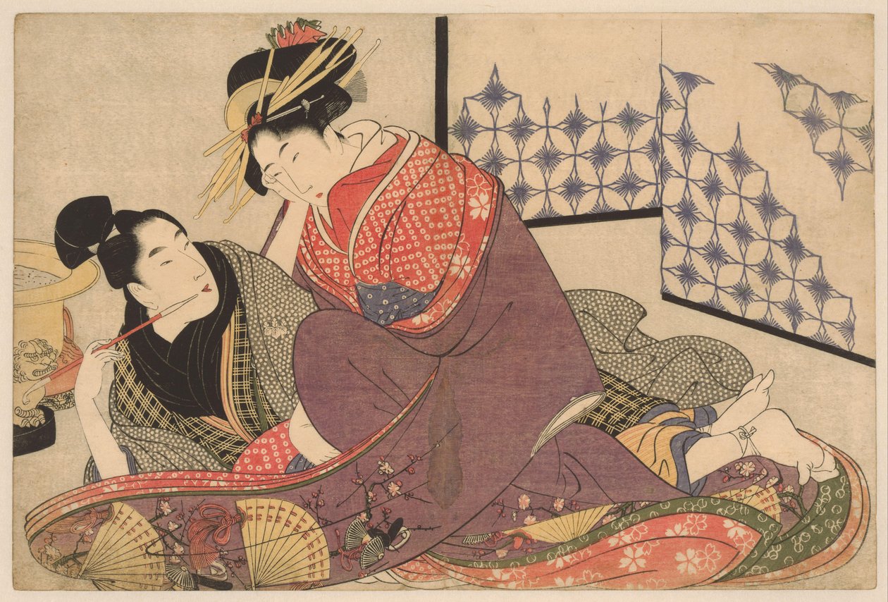 Jovem fumando com uma cortesã O homem Jonge conheceu a cortesã Negai no itoguchi (título da série) de Kitagawa Utamaro
