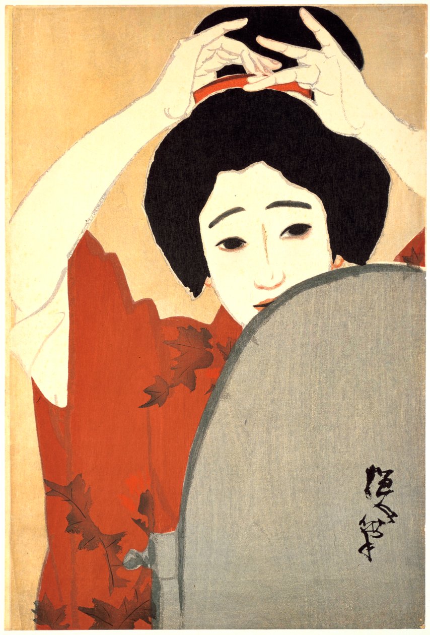 "Woman Adjusting Her Hair in Front of the Mirror", 1930 de Kitano Tsunetoni
