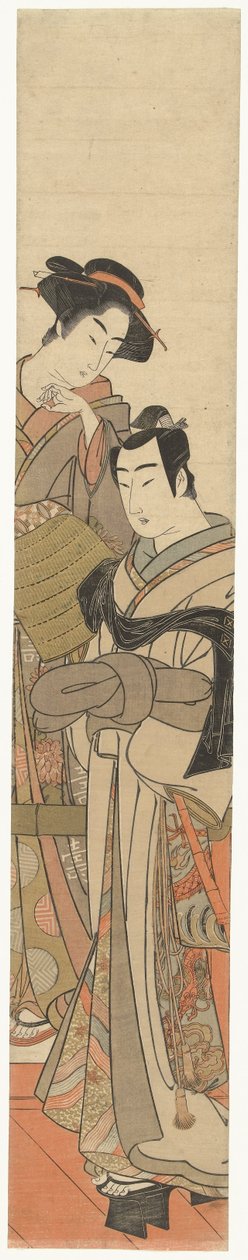Uma mulher com um jovem disfarçado
Jovem com chapéu de vime e senhora de Kitao Masanobu (attributed to)