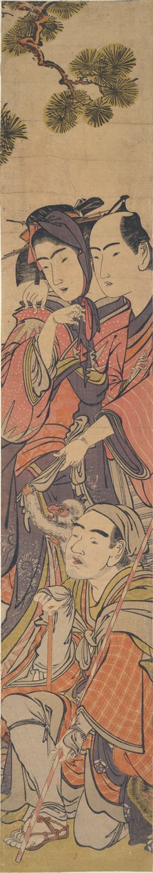 Oshun e Dembei a brincar com o macaco no Yojir? de Kitao Masanobu
