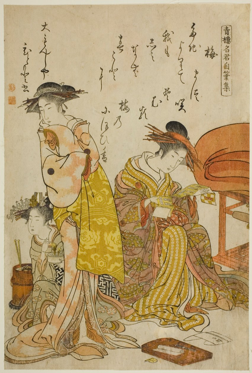 A cortesã Hitomoto do Daimonjiya, do álbum "Comparing New Beauties of the Yoshiwara - A Mirror of Their Own Writings (Keisei shin bijin awase jikihitsu kagami)" de Kitao Masanobu