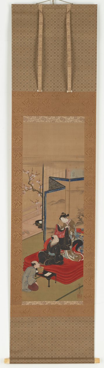 Uma cortesã que ajuda um homem a vestir-se, período Edo, meados do século XVIII - início do século XIX. de Kitao Shigemasa