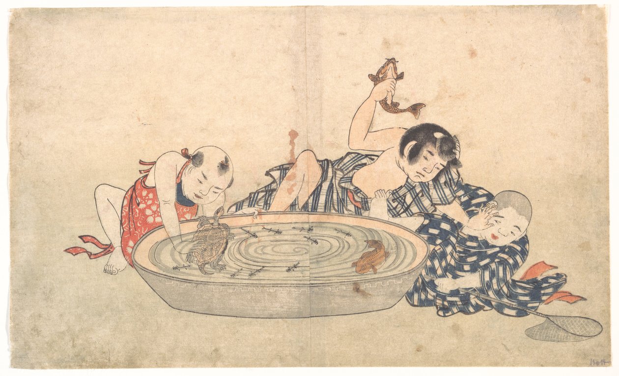 Rapazes a brincar com uma bacia de peixes e tartarugas de Kitao Shigemasa