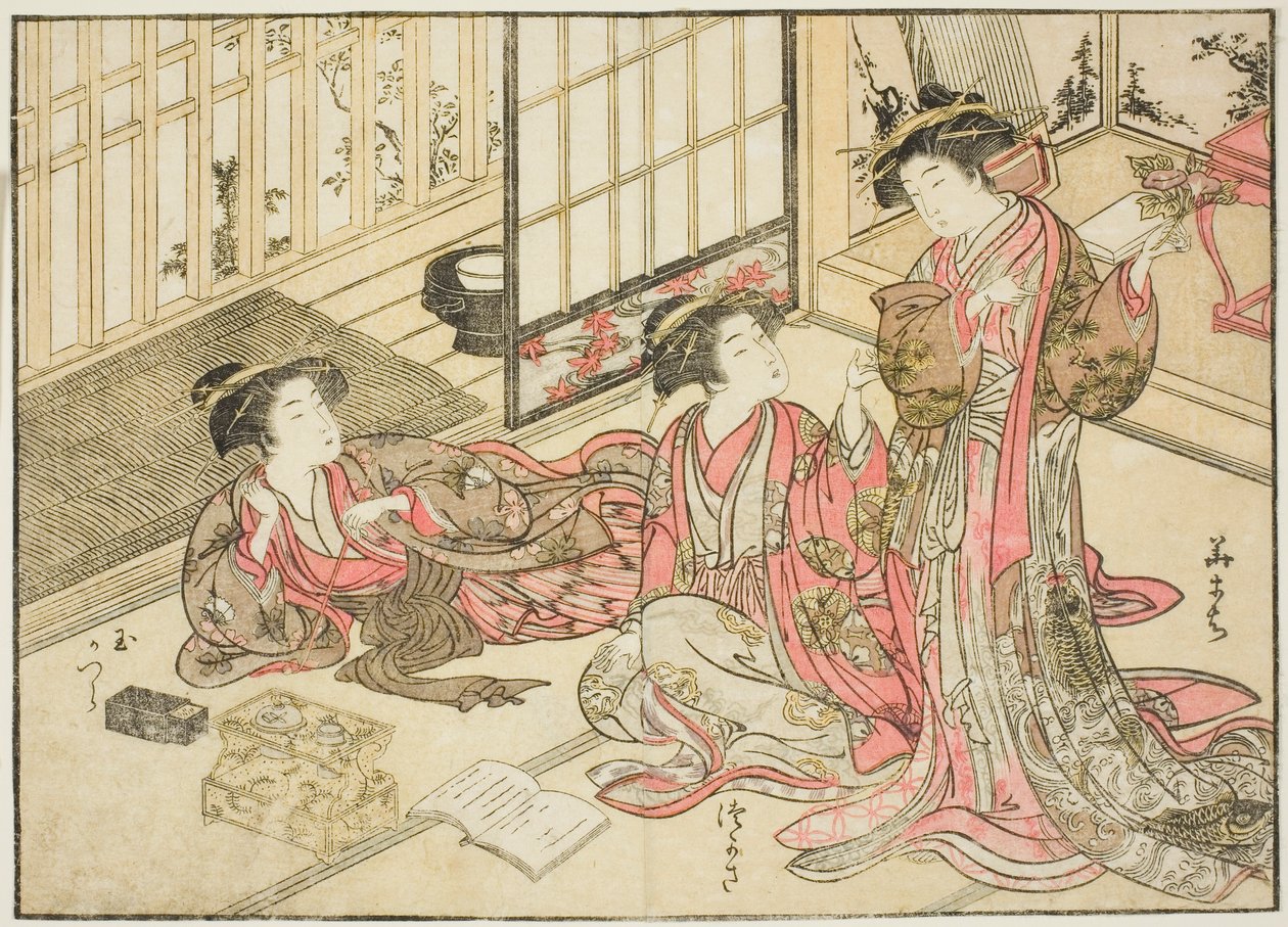 Cortesãs de Kado Daikokuya, do livro "Espelho de Belas Mulheres dos Bairros do Prazer (Seiro bijin awase sugata kagami)", vol. 2 de Kitao Shigemasa