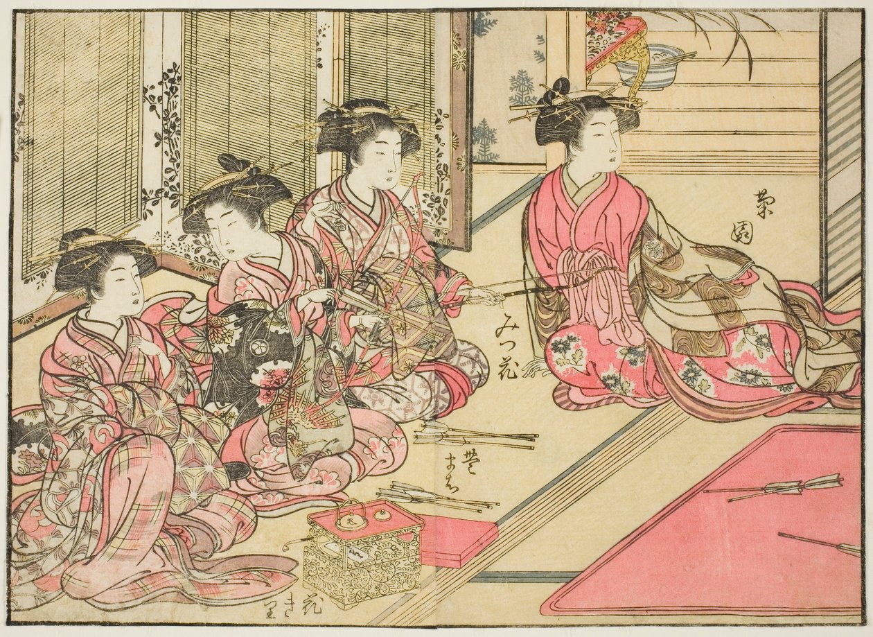 Cortesãs de Kiriya, do livro "Mirror of Beautiful Women of the Pleasure Quarters (Seiro bijin awase sugata kagami)", vol. 2 de Kitao Shigemasa