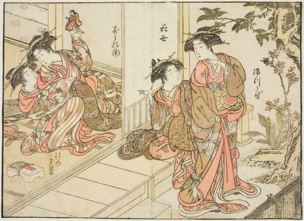 Cortesãs de Maruebiya, do livro "Espelho de Belas Mulheres dos Bairros do Prazer (Seiro bijin awase sugata kagami)", vol. 2 de Kitao Shigemasa