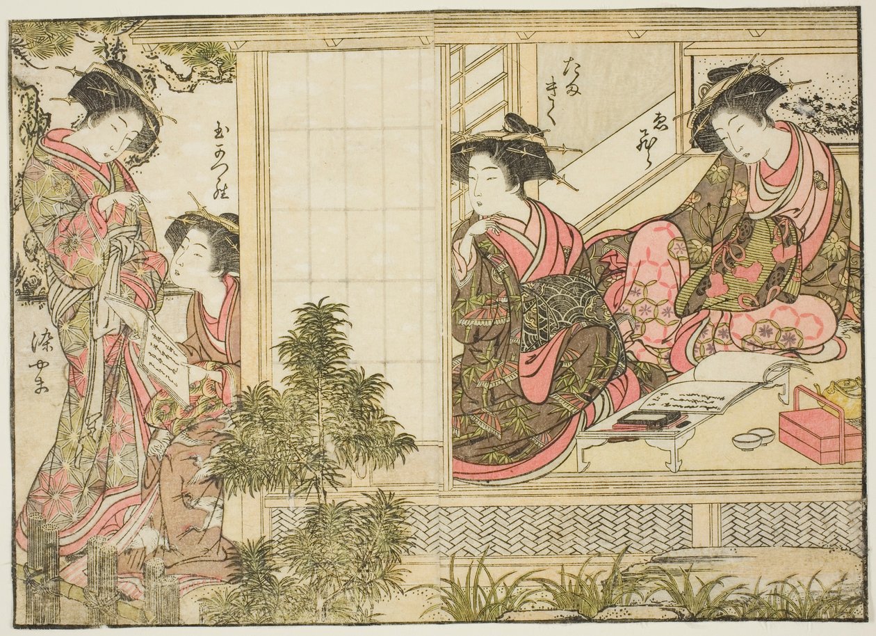 Cortesãs de Oebuji, do livro "Espelho de Belas Mulheres dos Bairros do Prazer (Seiro bijin awase sugata kagami)", vol. 2 de Kitao Shigemasa