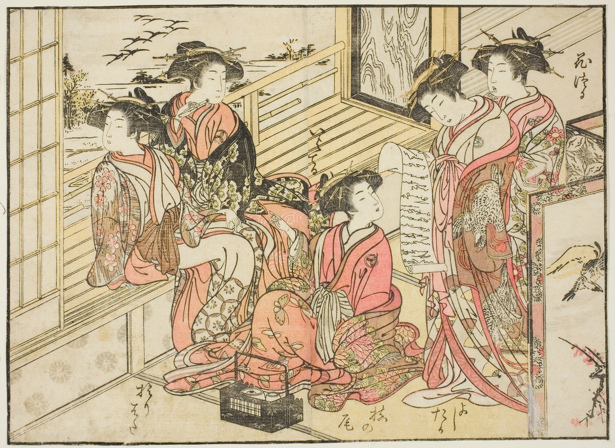 Cortesãs de Okamoto, do livro "Espelho de Belas Mulheres dos Bairros do Prazer (Seiro bijin awase sugata kagami)", vol. 2 de Kitao Shigemasa