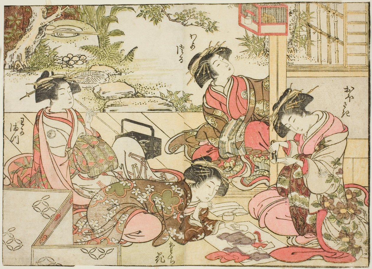 Cortesãs de Otawaraya, do livro "Espelho de Belas Mulheres dos Bairros do Prazer (Seiro bijin awase sugata kagami)", vol. 2 de Kitao Shigemasa