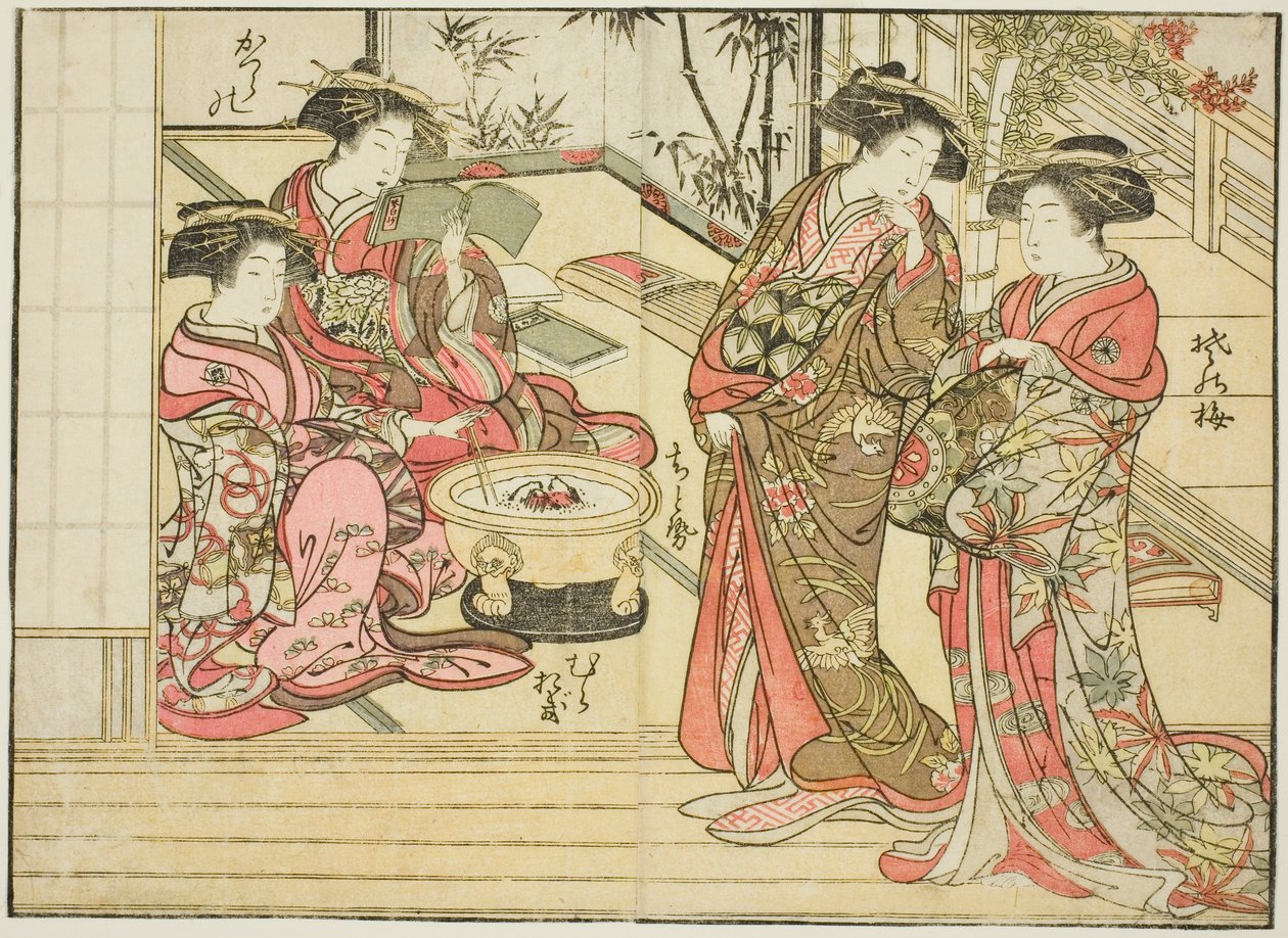 Cortesãs de Otawaraya, do livro "Espelho de Belas Mulheres dos Bairros do Prazer (Seiro bijin awase sugata kagami)", vol. 2 de Kitao Shigemasa