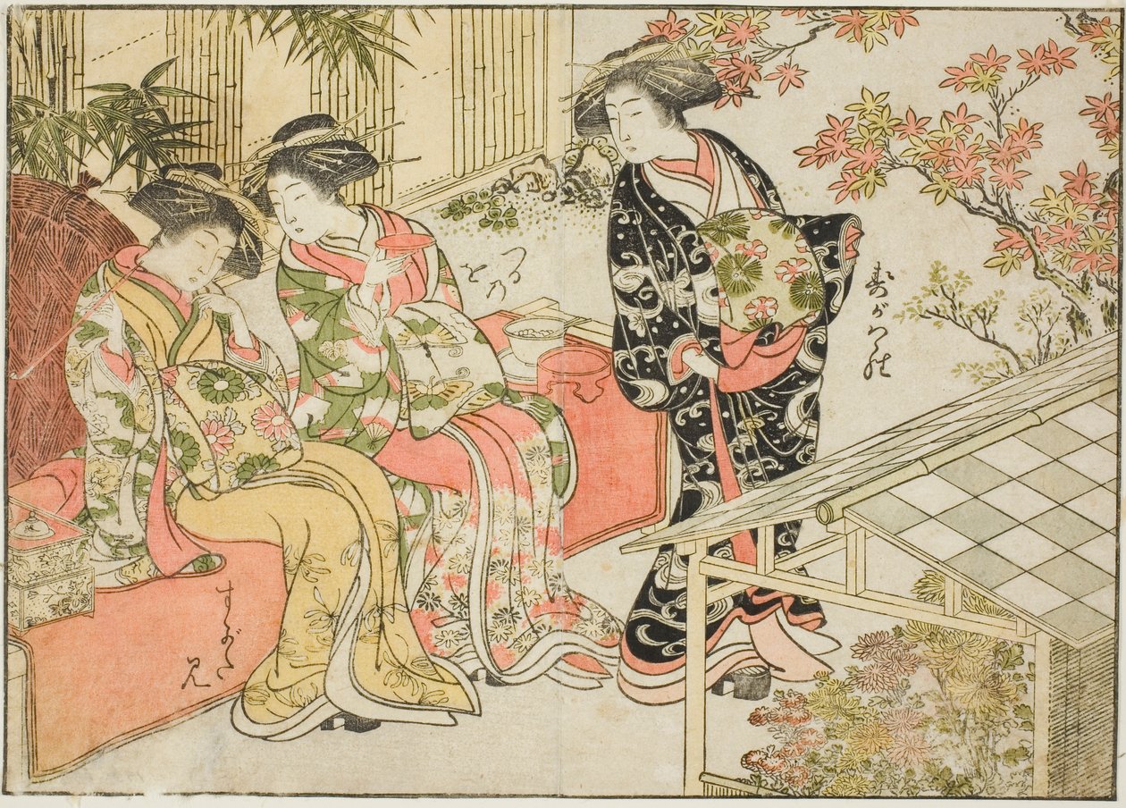 Cortesãs de Tsuruya, do livro "Espelho das Belas Mulheres dos Bairros do Prazer (Seiro bijin awase sugata kagami)", vol. 2 de Kitao Shigemasa