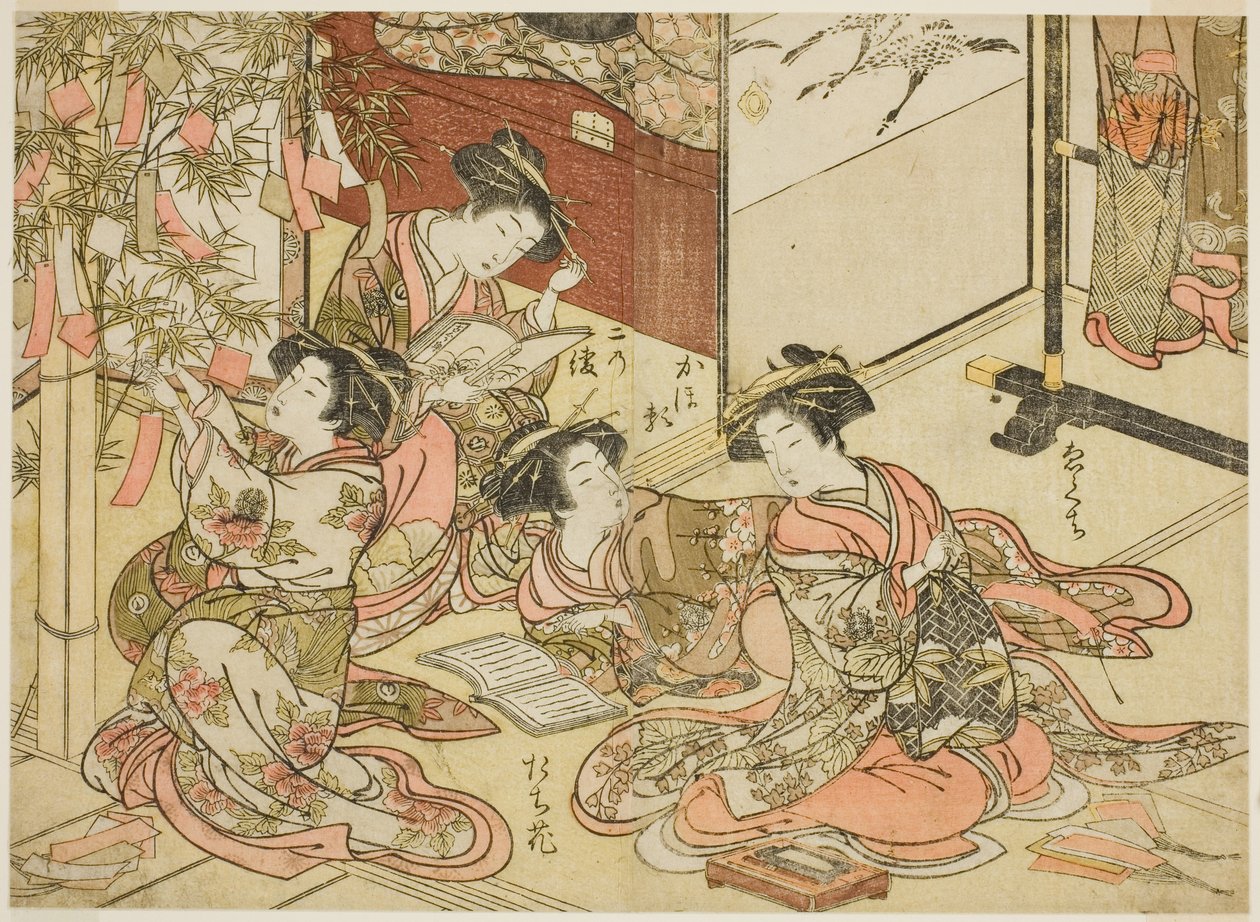 Cortesãs do Shin Kanaya, da série "Espelho de Belas Mulheres dos Bairros do Prazer (Seiro bijin awase sugata kagami)", vol. 2 de Kitao Shigemasa