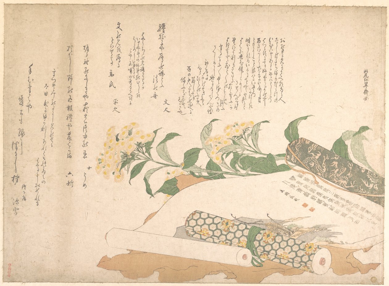 Margaridas e dois makimono de Kitao Shigemasa