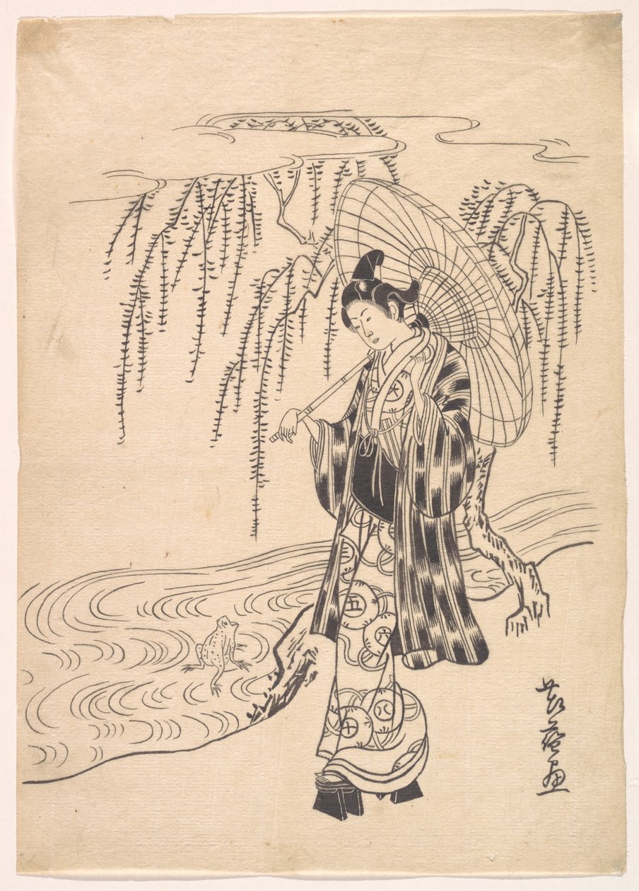 Ono no Dofu, jovem, observando uma rã a saltar para um ramo de salgueiro de Kitao Shigemasa