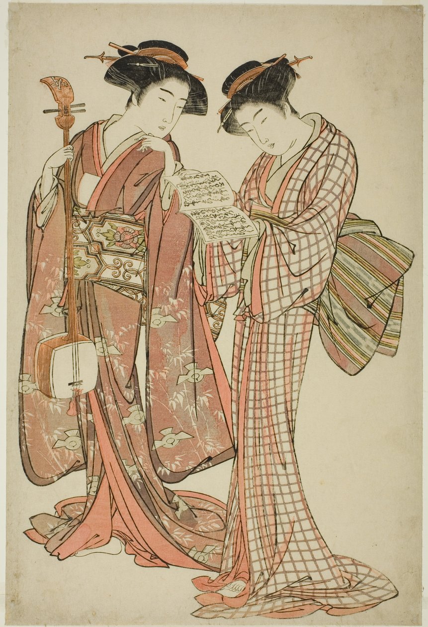 Duas Gueixas Segurando um Shamisen e um Livro de Canções de Kitao Shigemasa