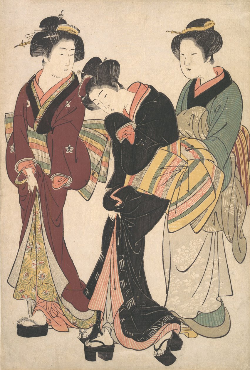 Duas gueixas e uma criada, ca. 1790. de Kitao Shigemasa