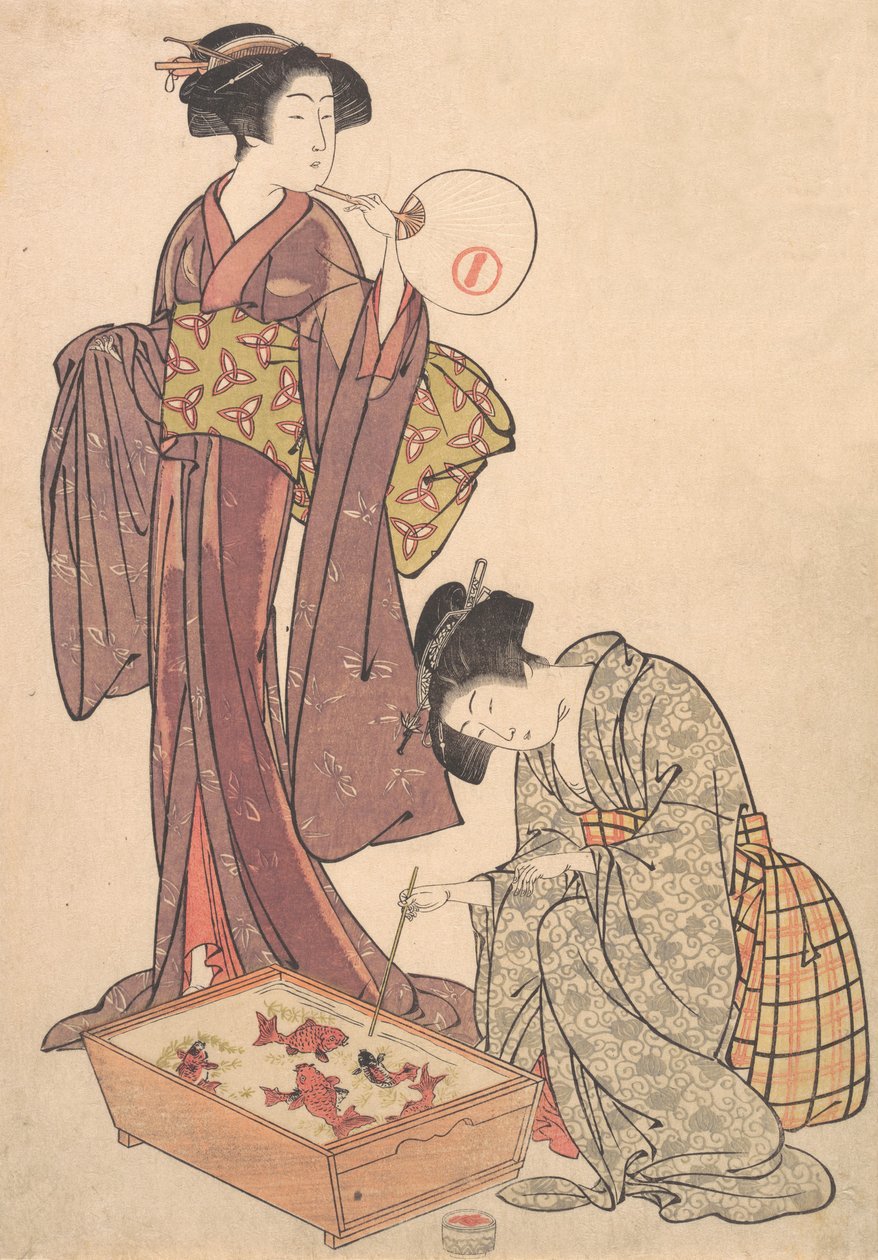 Duas mulheres alimentando peixes, 1739-1820. de Kitao Shigemasa