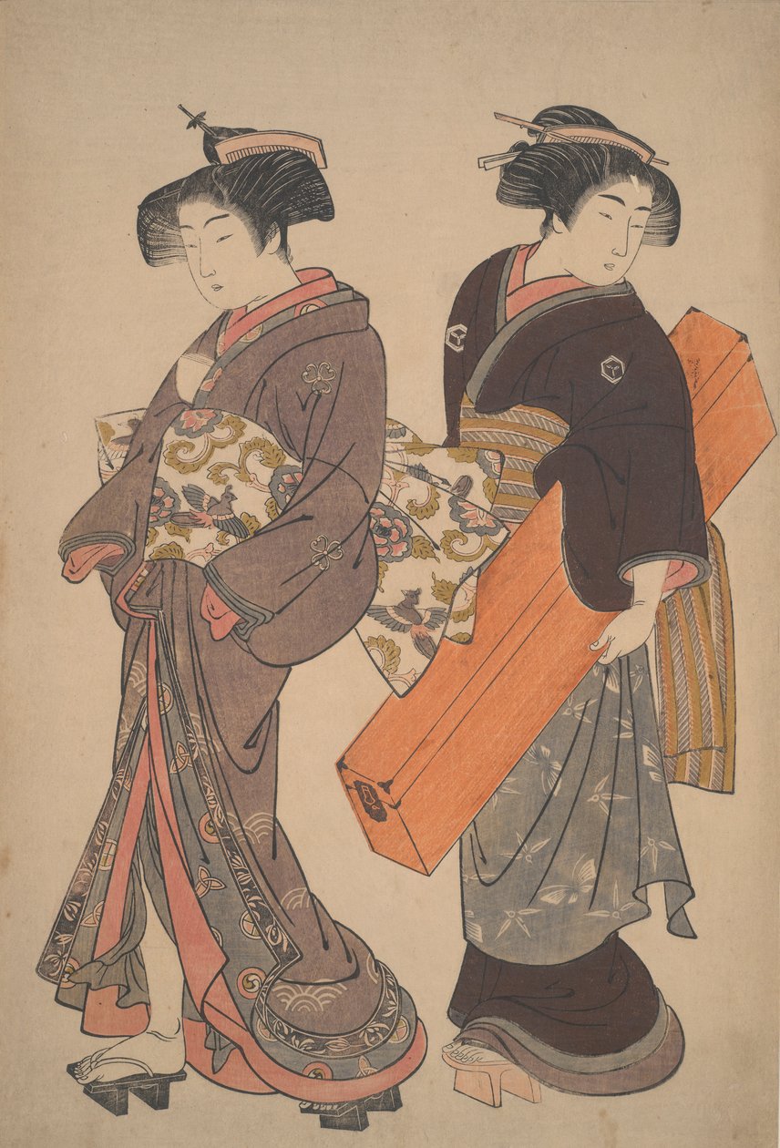 Mulher com sua empregada a caminho de um noivado de Kitao Shigemasa