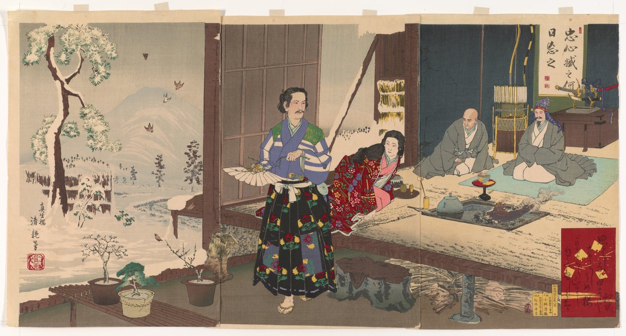 Chushingura, Yuranosuke na reforma (impressão em bloco de madeira, tinta e cor sobre papel) de Kiyochika Kobayashi