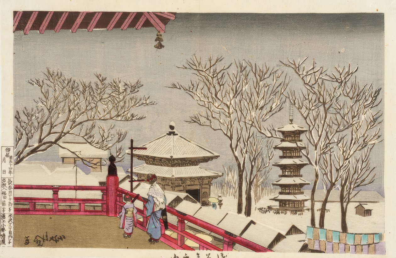 O templo Sensoji na neve de Kiyochika Kobayashi